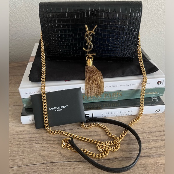 Saint Laurent Kate Croc Embossed Wallet on Chain Handbag - Picture 2 of 13